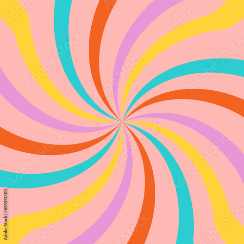 Acid wave rainbow line backgrounds in the 1970s 1960s hippie style. Carnival wallpaper pattern retro vintage 70s 60s. Groovy psychedelic poster background. Vector design illustration. © Viktoriia