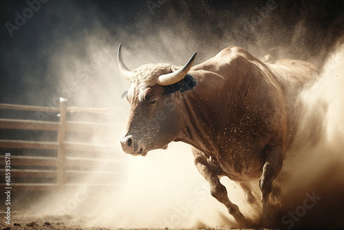 Bucking bull at a dusty country rodeo
