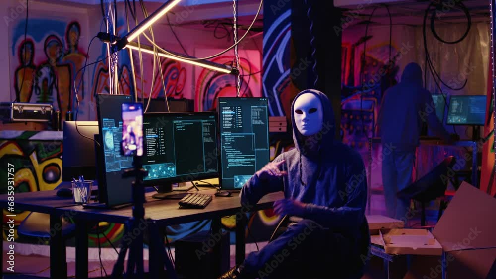 Dissident social justice crusaders doing online activism, wearing anonymous masks and filming video in underground bunker, blackmailing government after stealing secret military documents Dissident social justice crusaders doing online activism, wearing anonymous masks and filming video in underground bunker, blackmailing government after stealing secret military documents
