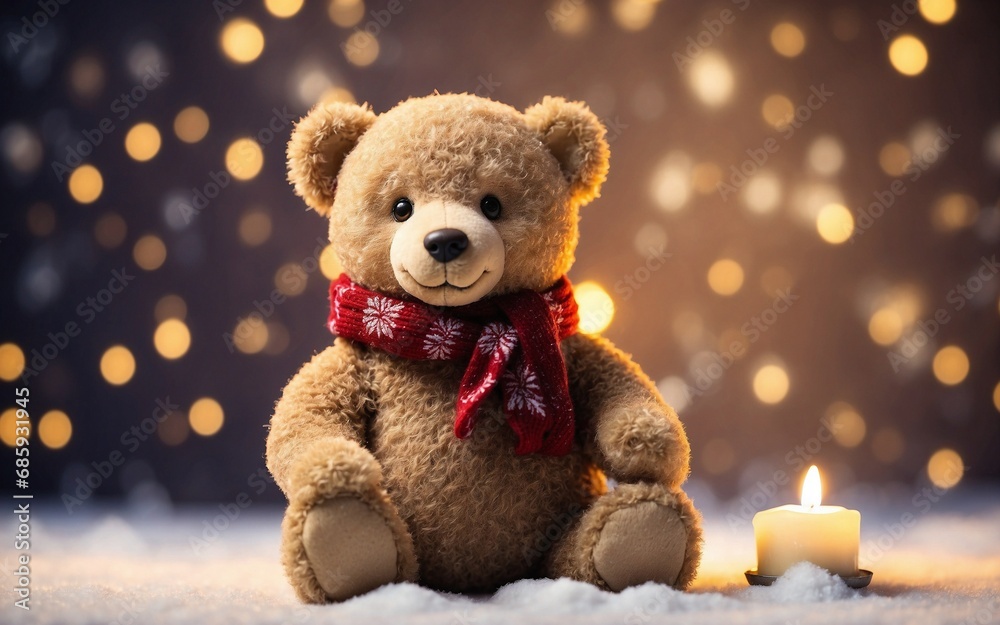 Teddy bear wearing winter scarf and candle on the top of snow surface with bokeh lights background Teddy bear wearing winter scarf and candle on the top of snow surface with bokeh lights background