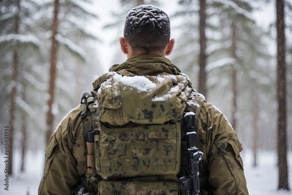 Soldier back with blurred winter forest background
