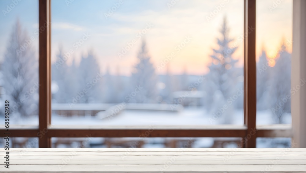 Wooden white table top and blurred winter landscape view from the window. Wooden white table top and blurred winter landscape view from the window.