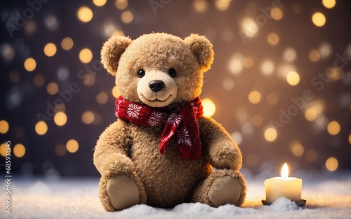 Teddy bear wearing winter scarf and candle on the top of snow surface with bokeh lights background