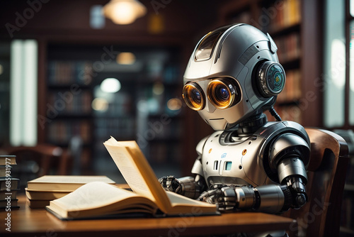 Robot with books, Robot reading a book in the library photo