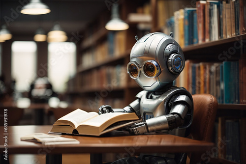 Robot with books, Robot reading a book in the library