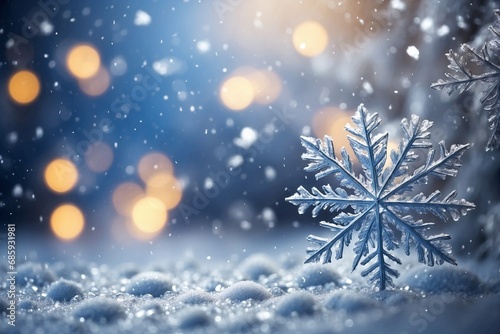 Closeup shot of snowflake in the snow with blurred bokeh lights and blue winter color