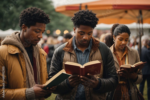 Diverse people reading book while standing at literary festival