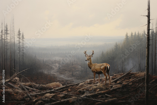 Wary Deer Observes the Logging Operation, natural habitat vanishing, muted tones 