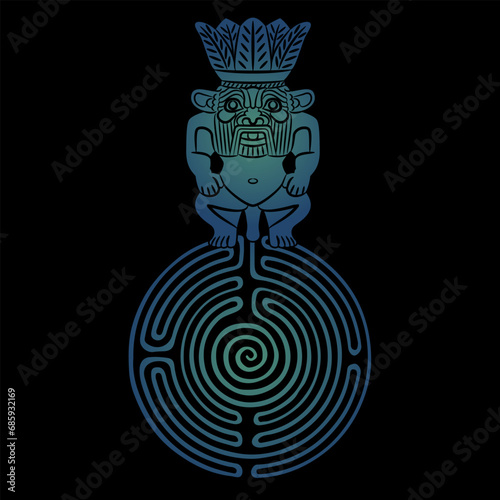 Ancient Egyptian dwarf god Bes standing on a round spiral maze or labyrinth symbol. Creative mythological design. Blue and black silhouette.