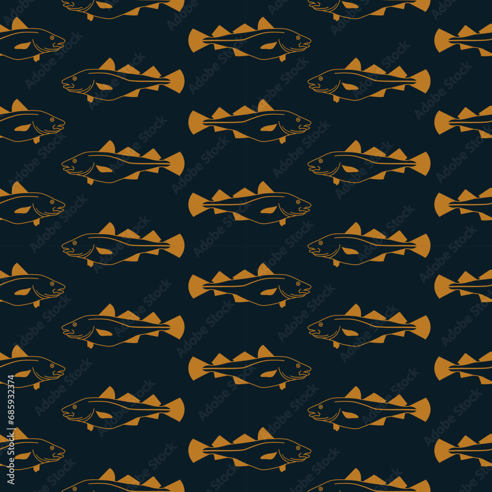 Cod fish swimming horizontal repeated pattern in gold and navy blue background. Vector seamless pattern design for textile, fashion, wrapping and paper