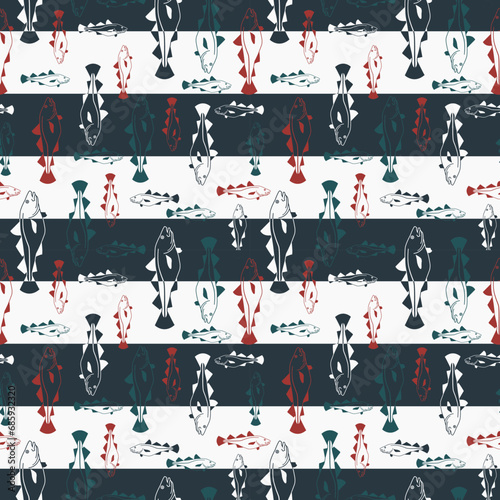 Cod fish scatter pattern in navy blue stripes. Vector seamless pattern design for textile, fashion, wrapping and paper