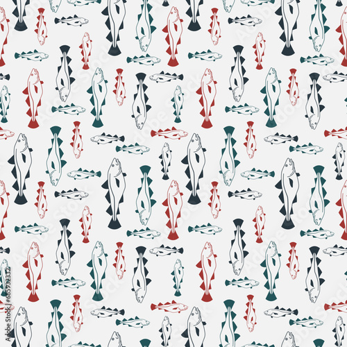 Cod fish scatter pattern in white, navy blue and red. Vector seamless pattern design for textile, fashion, wrapping and paper