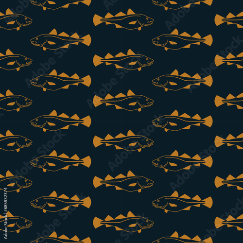 Cod fish swimming horizontal repeated pattern in gold and navy blue background. Vector seamless pattern design for textile, fashion, wrapping and paper
