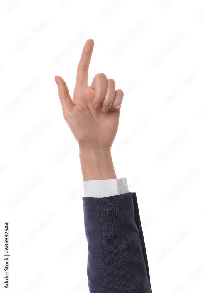 Woman pointing with index finger on white background, closeup Woman pointing with index finger on white background, closeup