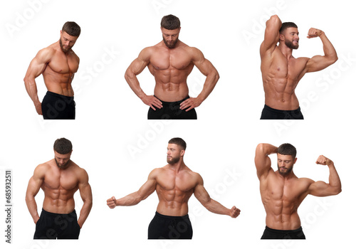 Handsome bodybuilder posing on white background  set of photos