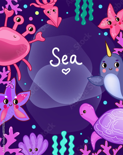 Diploma sea animals. Marine life objects vector cartoon doodle 3d illustration.