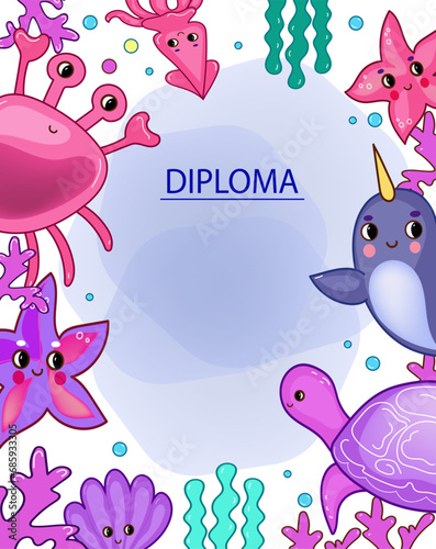 Diploma sea animals. Marine life objects vector cartoon doodle 3d illustration.
