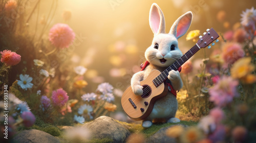 Cute bunny playing guitar in meadow