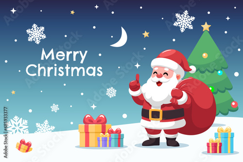 Christmas Santa Claus holding red sack on night sky background with moon, stars, snowflakes, green trees, presents lying around on the snow ground. Vector cartoon illustration.