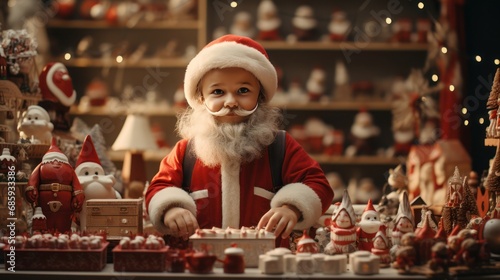 an interesting boy dressed up in a traditional Santa Claus outfit playing him in a toy and gift shop aimed at young and old