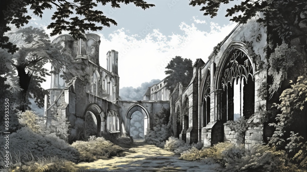 old bridge in the town, Nature's Reclamation - Painting Abbey Ruins old bridge in the town, Nature's Reclamation - Painting Abbey Ruins