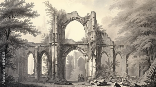 church in the forest, Ancient Whispers - Painting Abbey Ruin