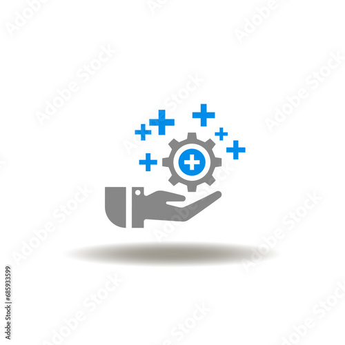 Vector illustration of hand hold gear wheel with crosses. Icon of health care. Symbol of medicine, medical service. Sign of pharmaceutical. Pictogram of benefits.