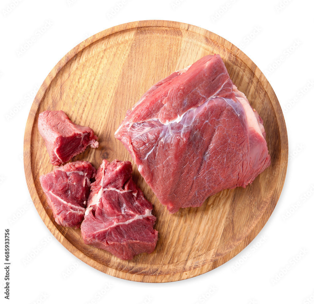 Pieces of raw beef meat isolated on white, top view
