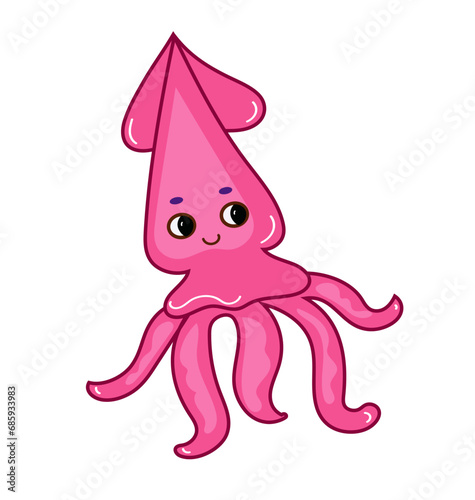Cute Squid Swimming, Marine life object vector cartoon doodle 3d illustration.