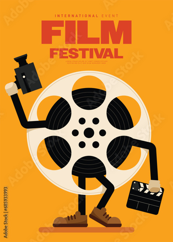 Movie and film festival poster template design background with film reel and camera