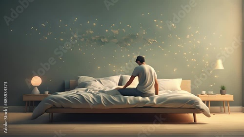 Minimal flat motion of a person tossing and turning in bed, trying to sleep while their mind races with thoughts of all the activities they could be doing 2D cartoon animation. . photo