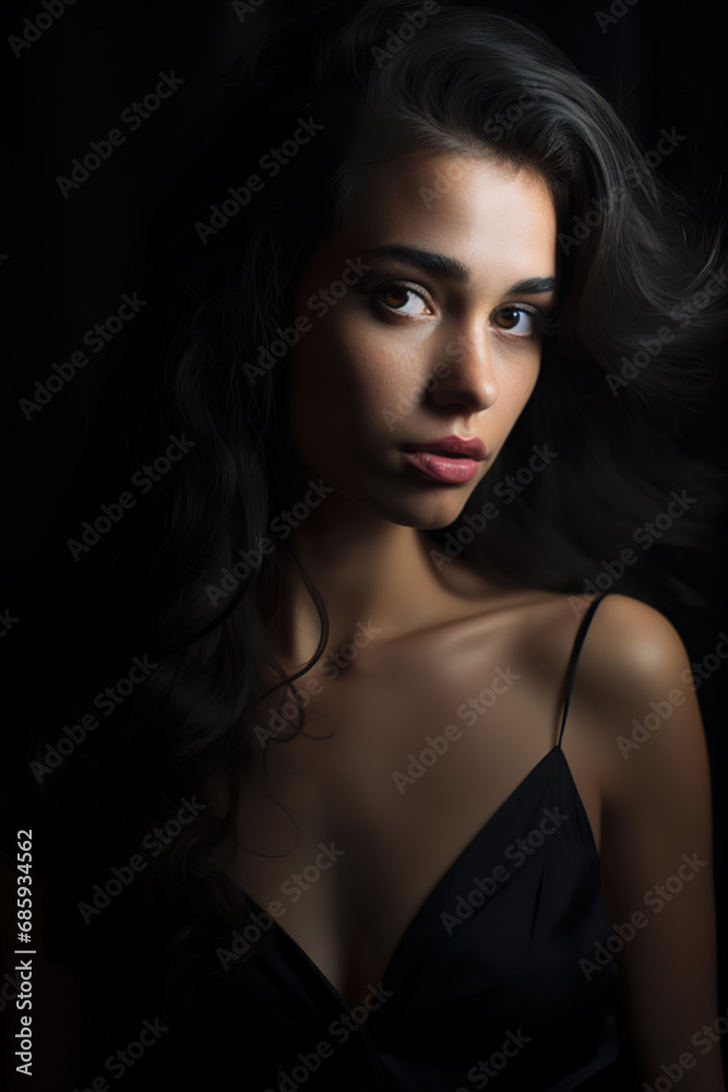 Portrait of a beautiful young woman with dark hair before dark background. Chiaroscuro.