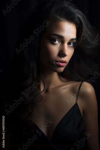 Portrait of a beautiful young woman with dark hair before dark background. Chiaroscuro.