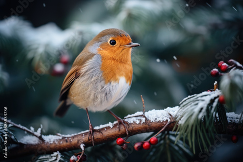 A robin bird on a snowy tree in the cold winter