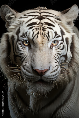 White tiger (P. t. corbetti) isolated on black background. Hunter concept. Stunning tiger in black and white.
