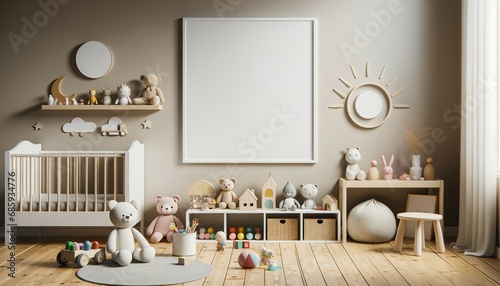Mockup Poster Frame in Kids Playroom with Cute Toys, Scandinavian Style