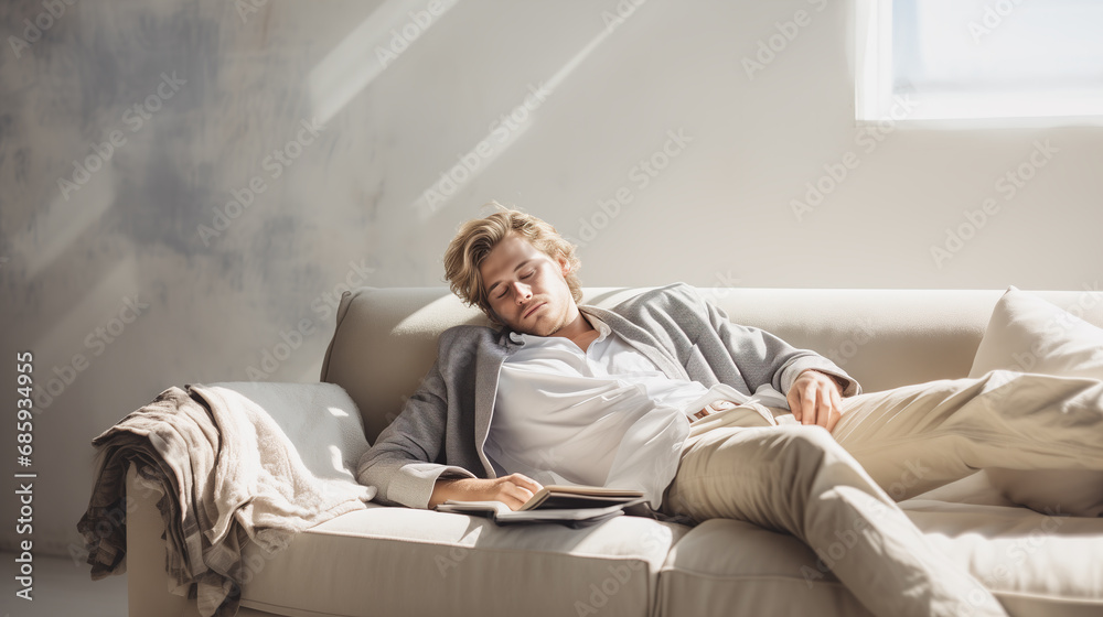 Young man dozed off on a couch with a book in his hands. Professional taking a break from work or enjoying a lazy weekend. Afternoon nap, powernap, siesta. Tired student taking a break from studies.
