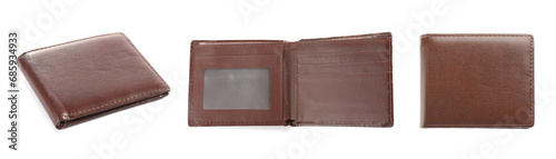 Stylish leather wallet isolated on white, set photo
