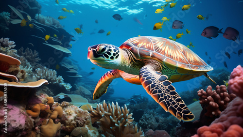 close up A majestic sea turtle swims gracefully in an underwater environment photo