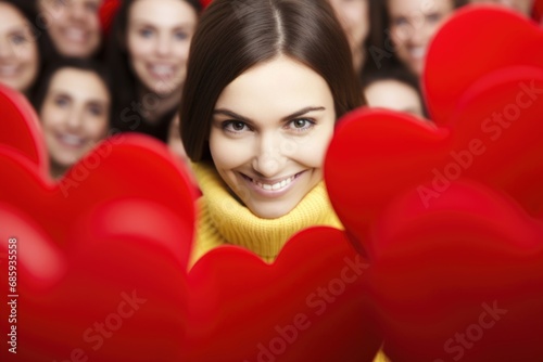 A delighted, smiling woman surrounded by a sea of red hearts, capturing the essence of Valentine's Day love