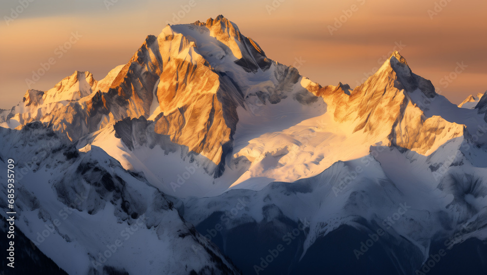 The mountains were bathed in the golden rays of the setting sun, casting long shadows on the snow-covered slopes