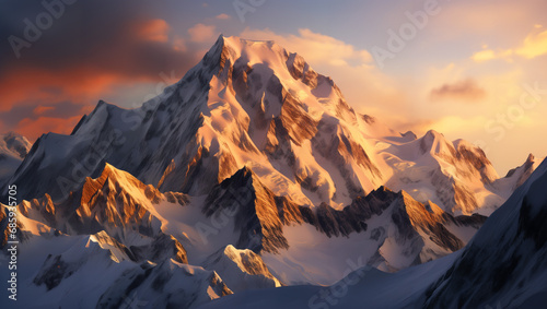 The mountains were bathed in the golden rays of the setting sun  casting long shadows on the snow-covered slopes