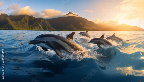 A pod of dolphins gliding in the open ocean at sunset © danter