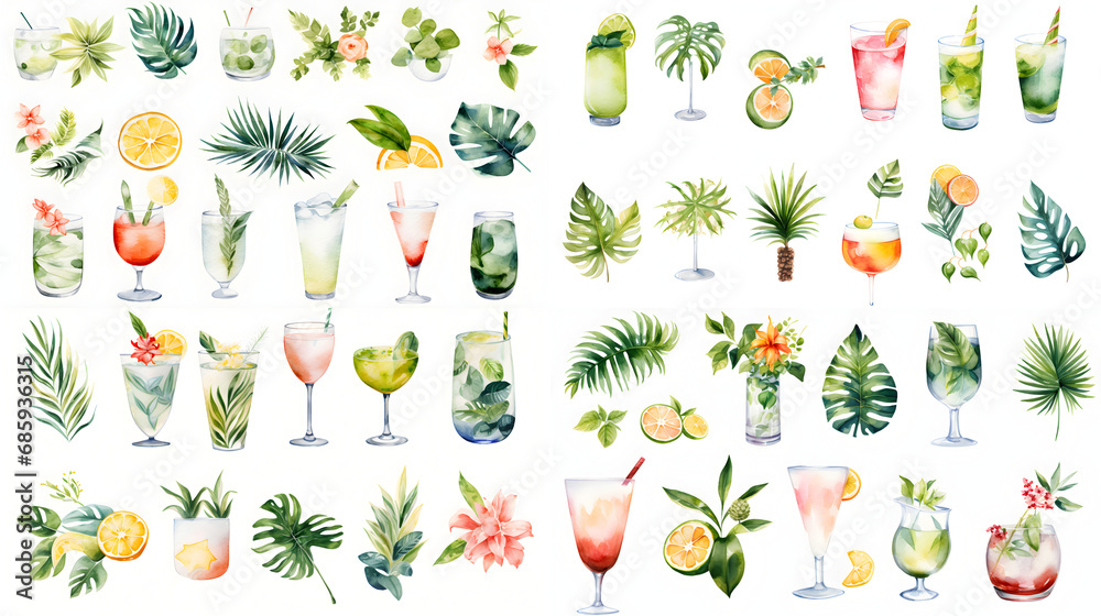 Watercolor tropical leaves and cocktail drinks set on white background. Hand drawn colorful Sublimation design, white background. - obrazy, fototapety, plakaty 