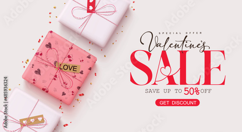 Valentine's day sale text vector banner. Valentine's day special offer shopping discount with gift boxes surprise elements for promotion advertisement. Vector illustration hearts day promo banner 