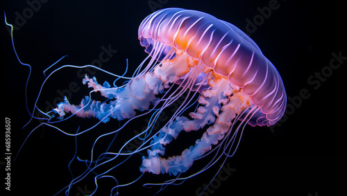 Close-up photo of a purple jellyfish swimming gracefully in the serene depths of the ocean