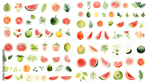 Set of hand drawn watercolor style illustration of tropical fruit element: watermelon, figs, pomegranate, guava and leaves. Cartoon illustration isolated on white background. photo