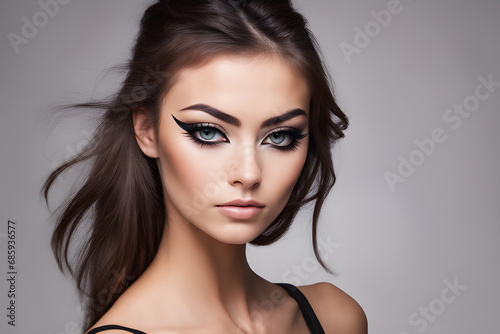 portrait of a woman rocking a cat eye makeup style focusing on the winged eyeliner. AI generated