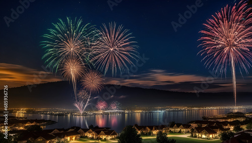 fireworks over the river  Fireworks are lit up over a lake with a mountain   Fireworks celebration at night sky over the sea  Gorgeous fireworks bloom in the sky a largescale festival fireworks show 