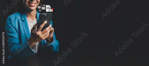 Person checking email notifications on smartphone, business emailing concept, notifications on smartphone application, replying to mail, sending mail, typing message.